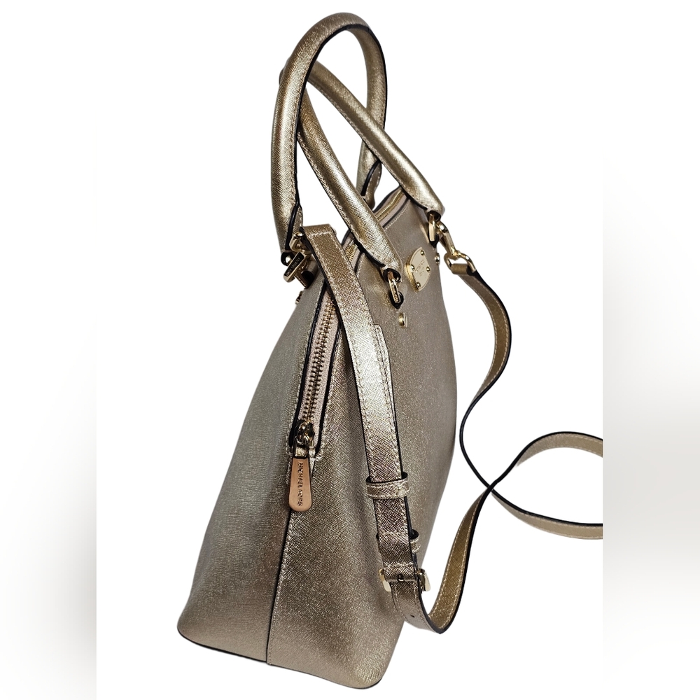 Michael Kors Cindy Large Pale Gold Dome Satchel Handbag Shoulder Tote Crossbody - Picture 4 of 12